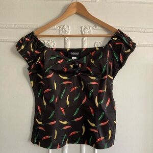 Collectif Black Top with Colorful Chili Pepper Print